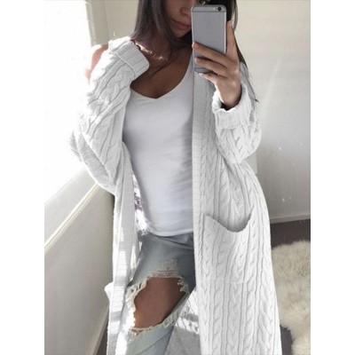 Women Knitting Solid Color Open Front Pocket Faux Woolen Cardigans