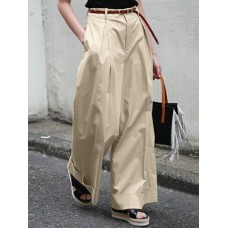 Women Solid Color Pleated OL High Waisted Wide Leg Pants With Pocket