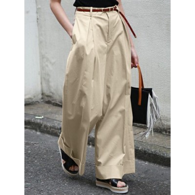 Women Solid Color Pleated OL High Waisted Wide Leg Pants With Pocket