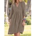 Solid Pocket V  neck 3 4 Sleeve Vintage Dress