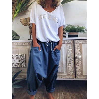 Women Baggy Peplum Loose Fitting Solid Color Elastic Waist Drawstring Pants