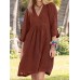 Solid Pocket V  neck 3 4 Sleeve Vintage Dress