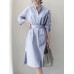 Stripe Pocket Belt Slit Hem Long Sleeve Stand Collar Dress