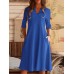 Women Solid V  neck 3 4 Sleeve Pocket Vintage Dress