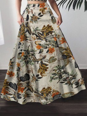 Women 100  Cotton Plant Floral Print High Waist Bohemia Maxi Skirts