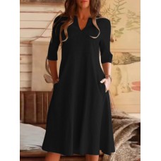 Women Solid V  neck 3 4 Sleeve Pocket Vintage Dress