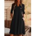 Women Solid V  neck 3 4 Sleeve Pocket Vintage Dress