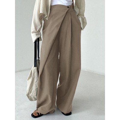 Women Solid Wide  legged Elastic Waist Loose Pleats Button Buckle Thin Pants