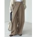 Women Solid Wide  legged Elastic Waist Loose Pleats Button Buckle Thin Pants