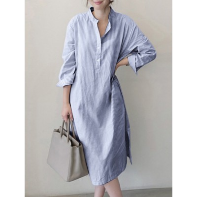 Stripe Pocket Belt Slit Hem Long Sleeve Stand Collar Dress