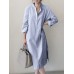 Stripe Pocket Belt Slit Hem Long Sleeve Stand Collar Dress