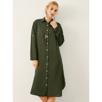 Solid Button Front Lapel Long Sleeve Shirt Dress