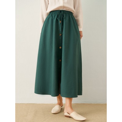 Solid Drawstring Waist Pocket Button Front Women Skirt