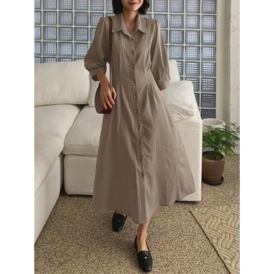 Solid Button Pleated 3 4 Sleeve Lapel Knotted Shirt Dress