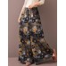 Women Color Printing Casual Drawstring Wide Leg Pants With Pocket