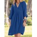 Solid Pocket V  neck 3 4 Sleeve Vintage Dress