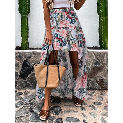 Elastic Waist Spliced Floral Pleats Summer Skirts For Women