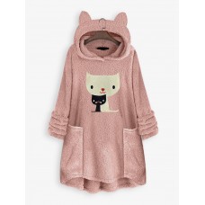 Cat Embroidery Hooded Pocket Irregular Hem Fleece Casual Sweatshirt