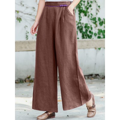 Women Contrast Frog Button Design Elastic Waist Casual Wide Leg Pants With Pocket