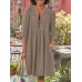 Solid Pocket V  neck 3 4 Sleeve Vintage Dress