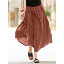 Casual Solid Elastic Waist Pleated Spliced Cotton Skirt For Women