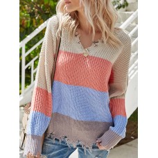 Contrast Color Stripe Print Backless Design Raw Hem Knitted Sweater