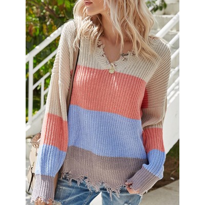 Contrast Color Stripe Print Backless Design Raw Hem Knitted Sweater