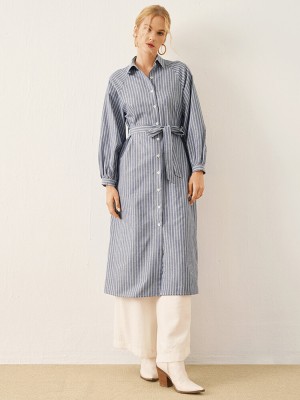 Stripe Print Button Front Long Sleeve Lapel Shirt Dress