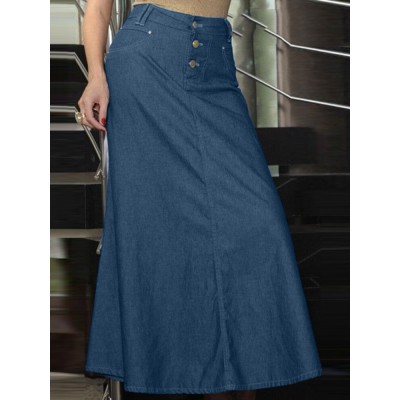 Leisure Button Casual Denim Maxi Skirt