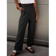 Women Zipper High Waist Pleated Side Pocket Casual Solid Pants