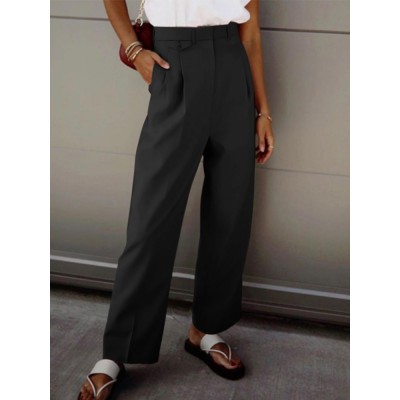 Women Zipper High Waist Pleated Side Pocket Casual Solid Pants