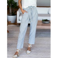 Women Stripe Drawstring Belted Side Pocket Plain Casual Pants