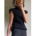 Women High Neck Solid Color Shoulder Padded Cap Sleeve Knitted Sweaters