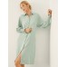 Solid Shirred Long Sleeve Button Lapel Shirt Dress