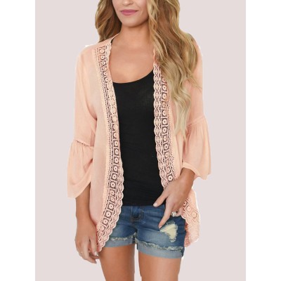 Women Solid Color Lace Trim Light Cardigans