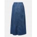 Women Distressed Solid Color Elastic Waist Loose Denim Skirt With Pocket