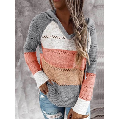 Women Autumn Stripe Print V  neck Hooded Daily Casual Knitted Sweater