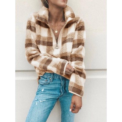 Women Fleece Plaid V  neck Half Zip Casual Long Sleeve Sweatshirts