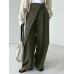 Women Solid Wide  legged Elastic Waist Loose Pleats Button Buckle Thin Pants