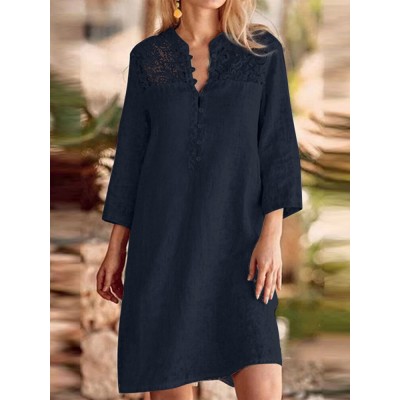 Lace Stitch 3 4 Sleeve Stand Collar Casual Dress