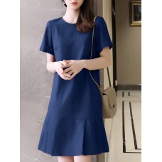 Solid Ruffle Hem Pocket Short Sleeve Crew Neck Casual Dress