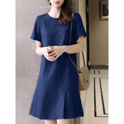 Solid Ruffle Hem Pocket Short Sleeve Crew Neck Casual Dress