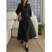 Solid Button Pleated 3 4 Sleeve Lapel Knotted Shirt Dress