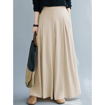 Women Solid Color Elastic Waist Pleats Loose Wide Leg Pants With Pocket