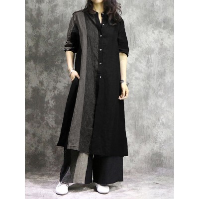 Women Cotton Contrast Color Stripe Patchwork Split Design Long Shirts