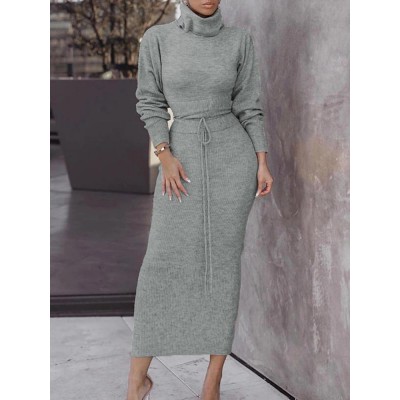 Women Knitting High Neck Pullover Top Slim Skirt Two Piece Sweater Set