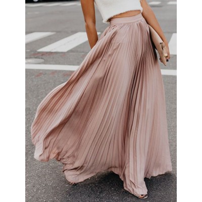 Boho Elastic Waist Pleated Pure Color Women Skirts