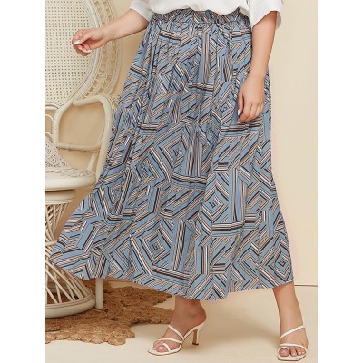 Print Elasitc Waist Pleated Plus Size Casual Skirt for Women