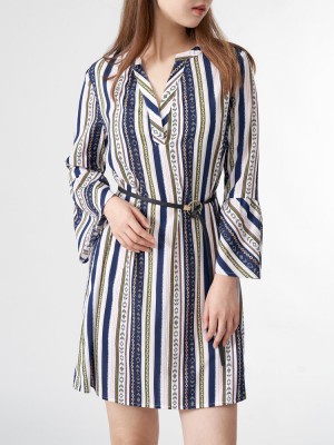 Tribal Pattern Bell Sleeve V  neck Dress For Women