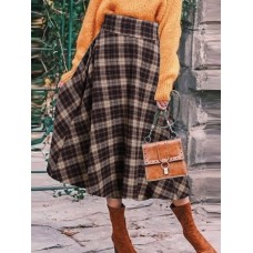 Women Plaid Pattern Long Style Calf Length Elastic Casual Skirts